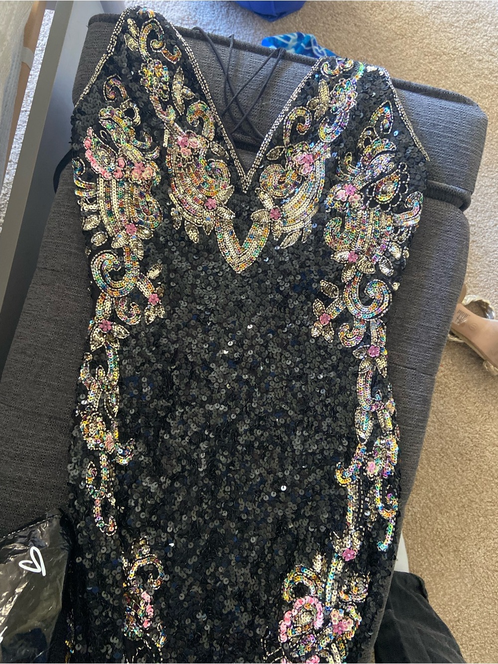 Primavera Couture Black Sequin Prom Dress with Multicolor Beading